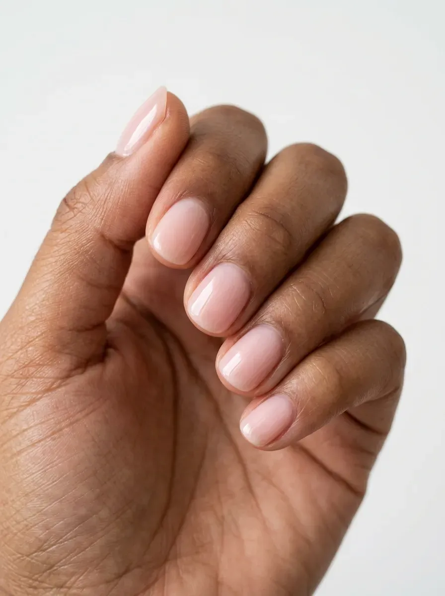 Short rounded gel nails with sheer pink glossy finish