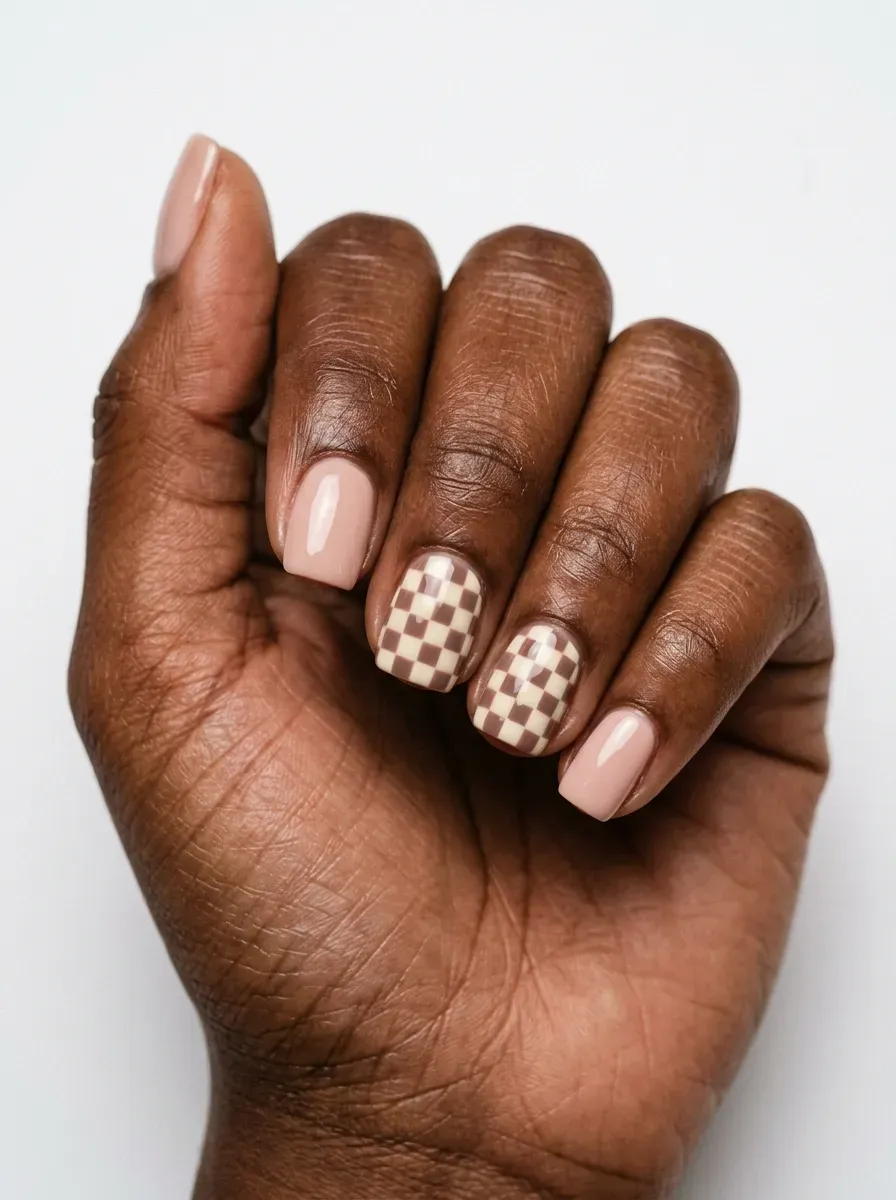 Short square gel nails with tiny neutral checkerboard accent details