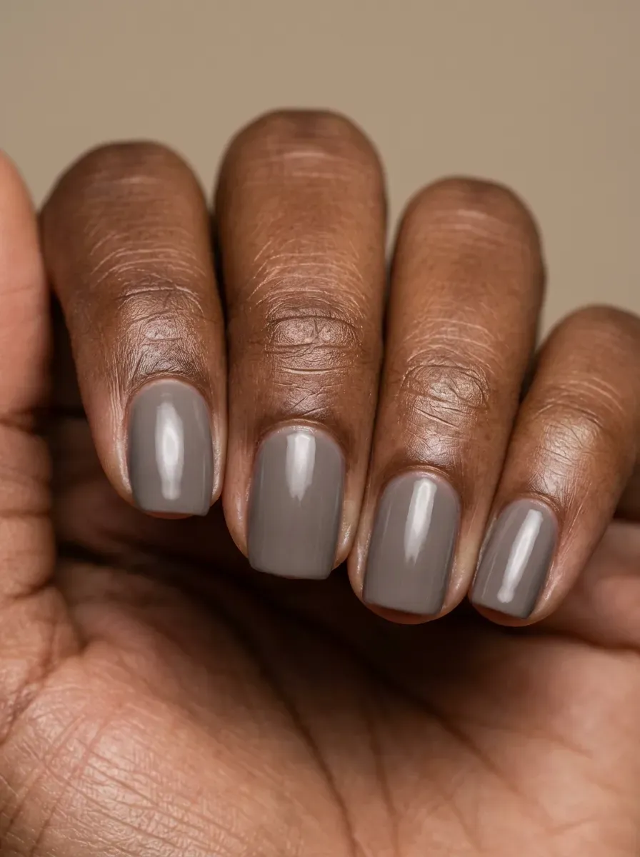 Smoky taupe short nails with muted glossy neutral polish