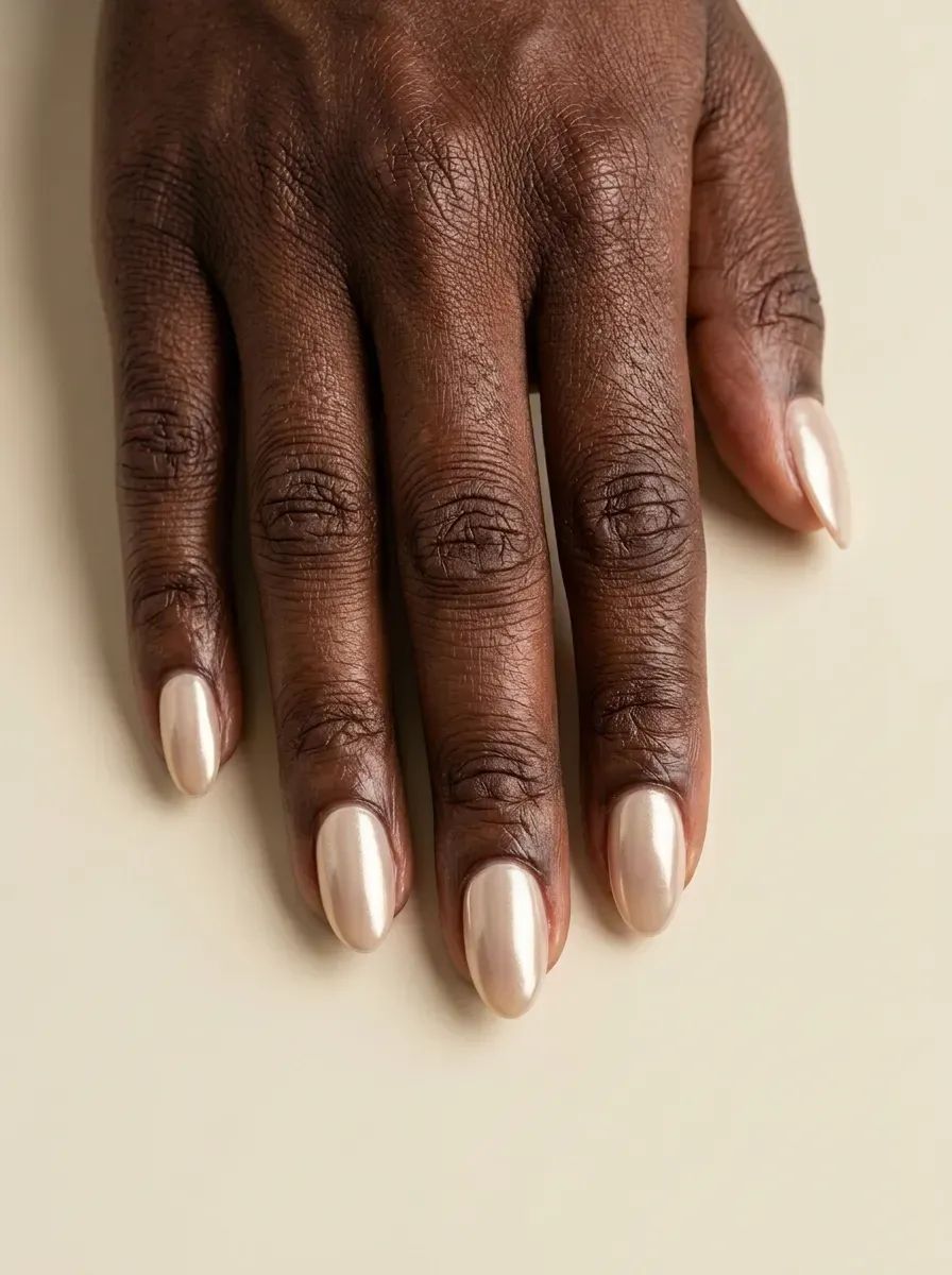 Soft beige chrome nails with subtle reflective finish on rich dark skin