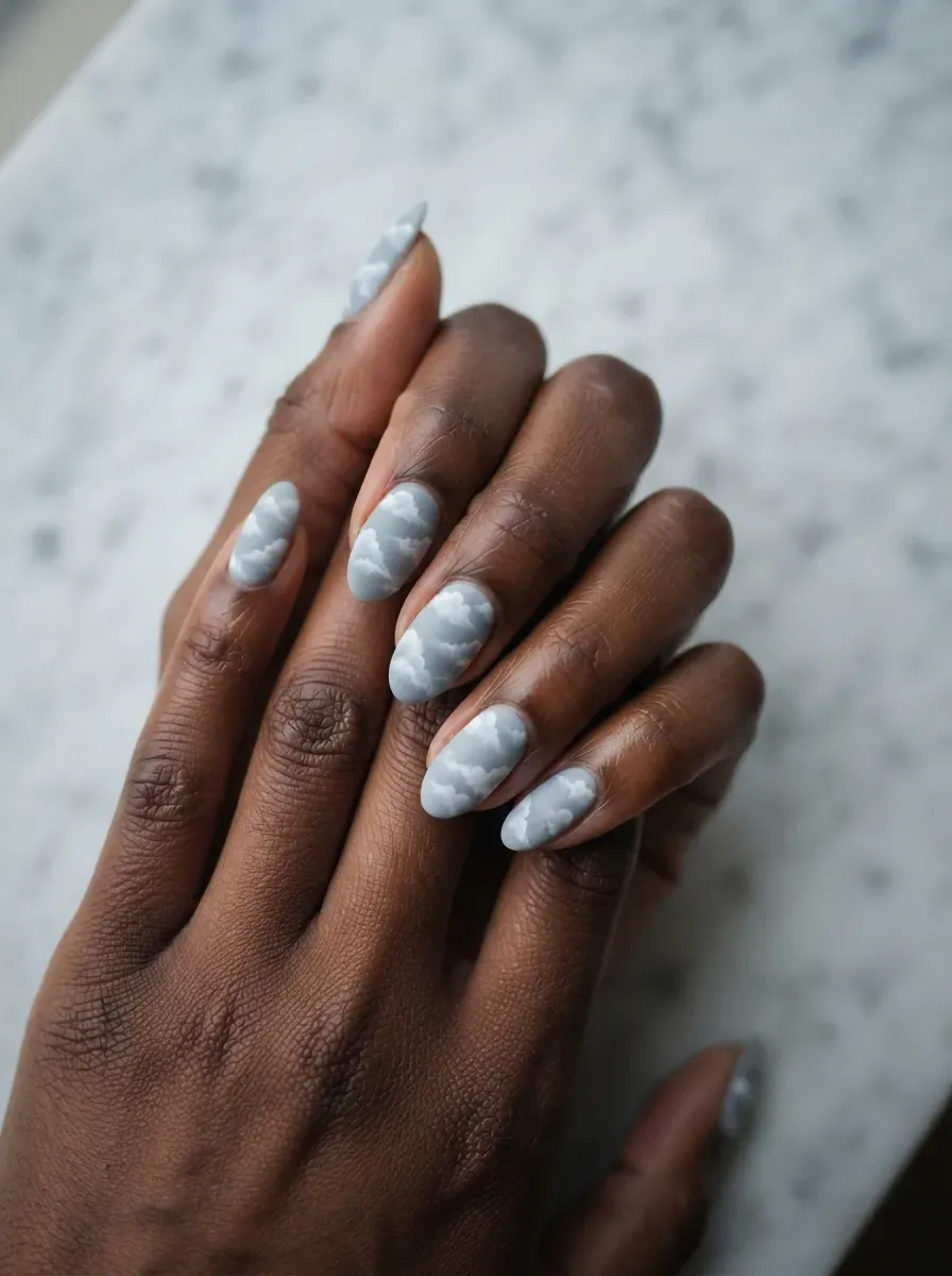 Dreamy soft white and gray cloud pattern gel nail art