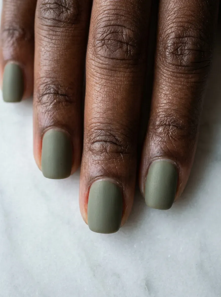 Muted olive green gel nail polish shown up close