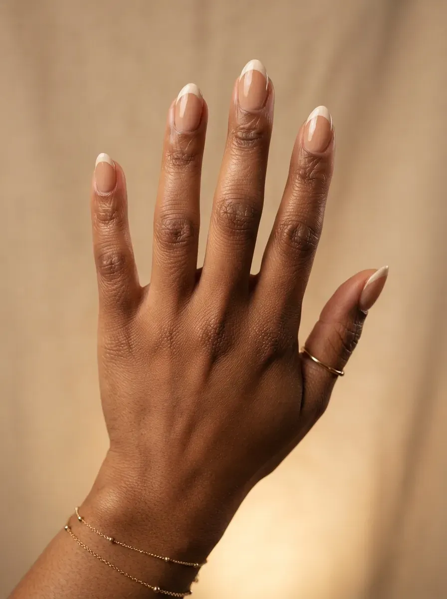 Gel nails with fine brown speckle texture resembling freckles