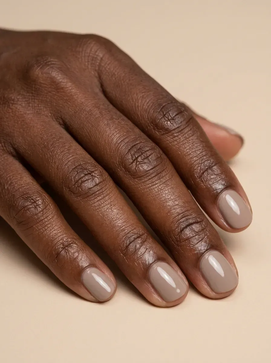 Short rounded gel nails painted neutral taupe with glossy finish
