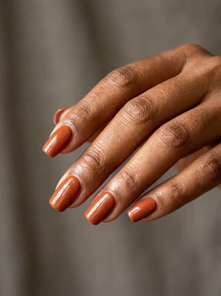 Warm terracotta orange-brown gel nail polish close-up