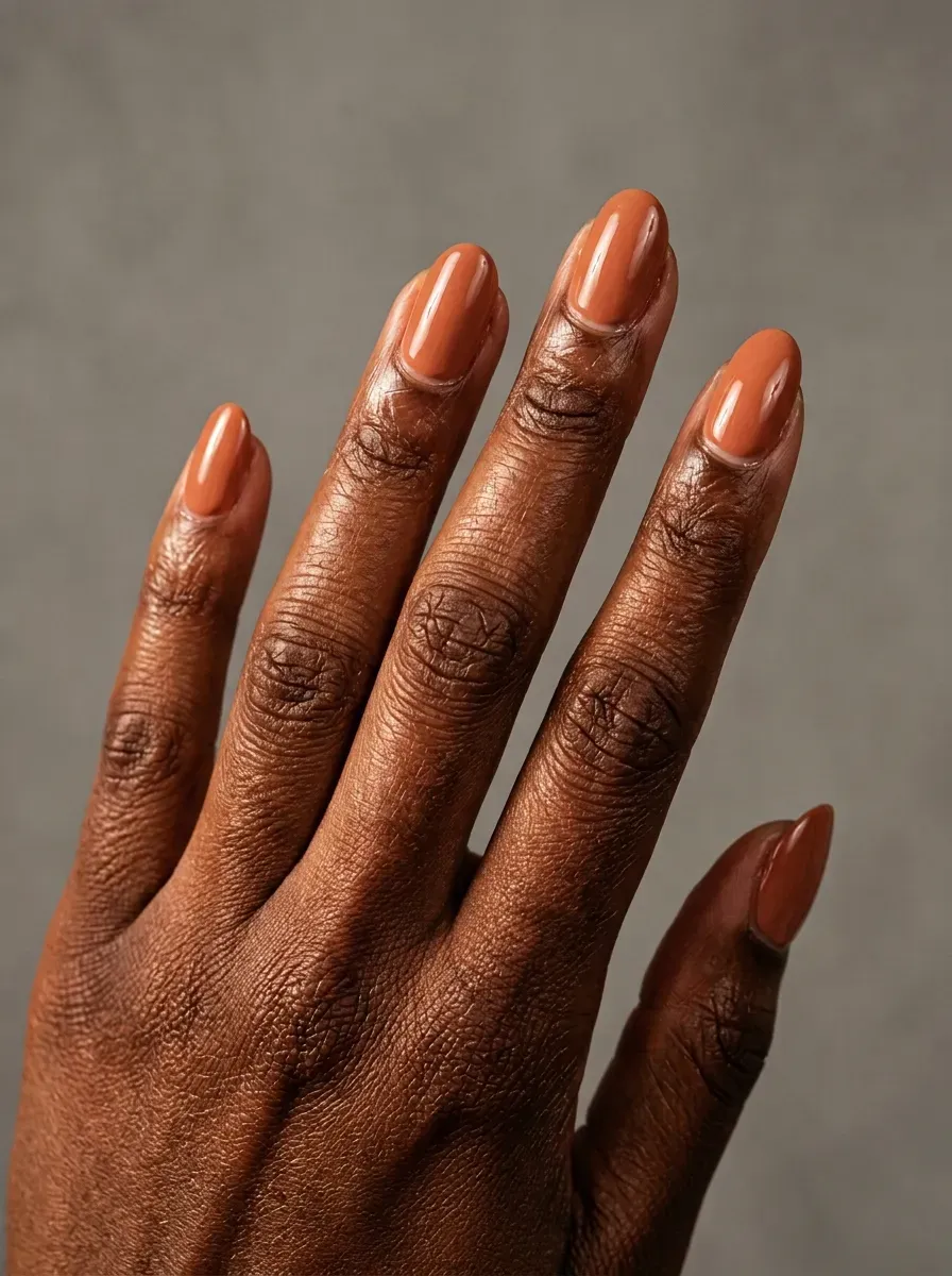 Glossy terracotta nails with warm muted orange polish