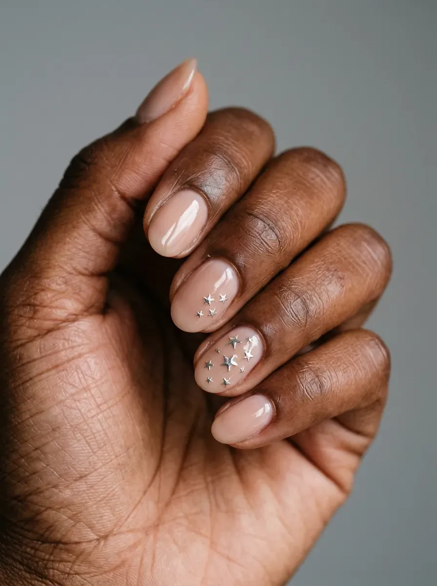 Short nude gel nails with tiny metallic star accents on two fingers