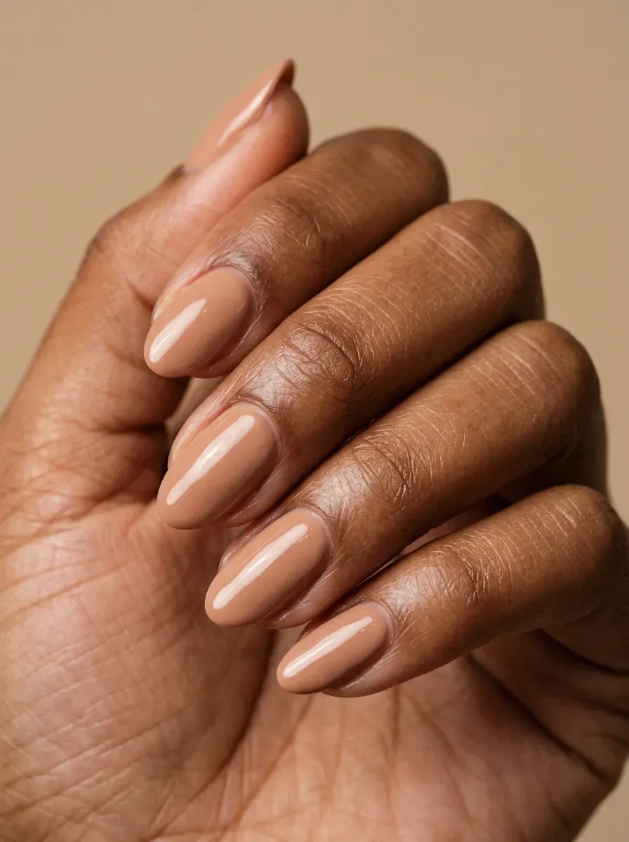 Toasted almond nude nails with glossy finish on brown skin