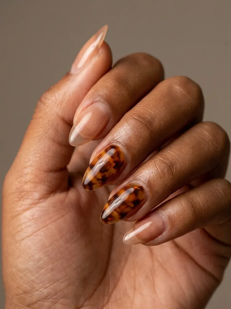 Medium almond gel nails with brown tortoiseshell accent nails and nude polish