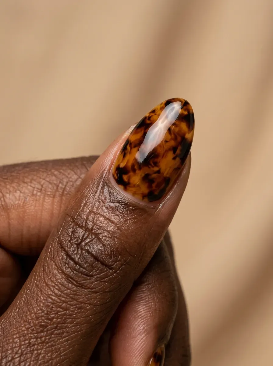 Tortoiseshell pattern nail art in amber and brown tones