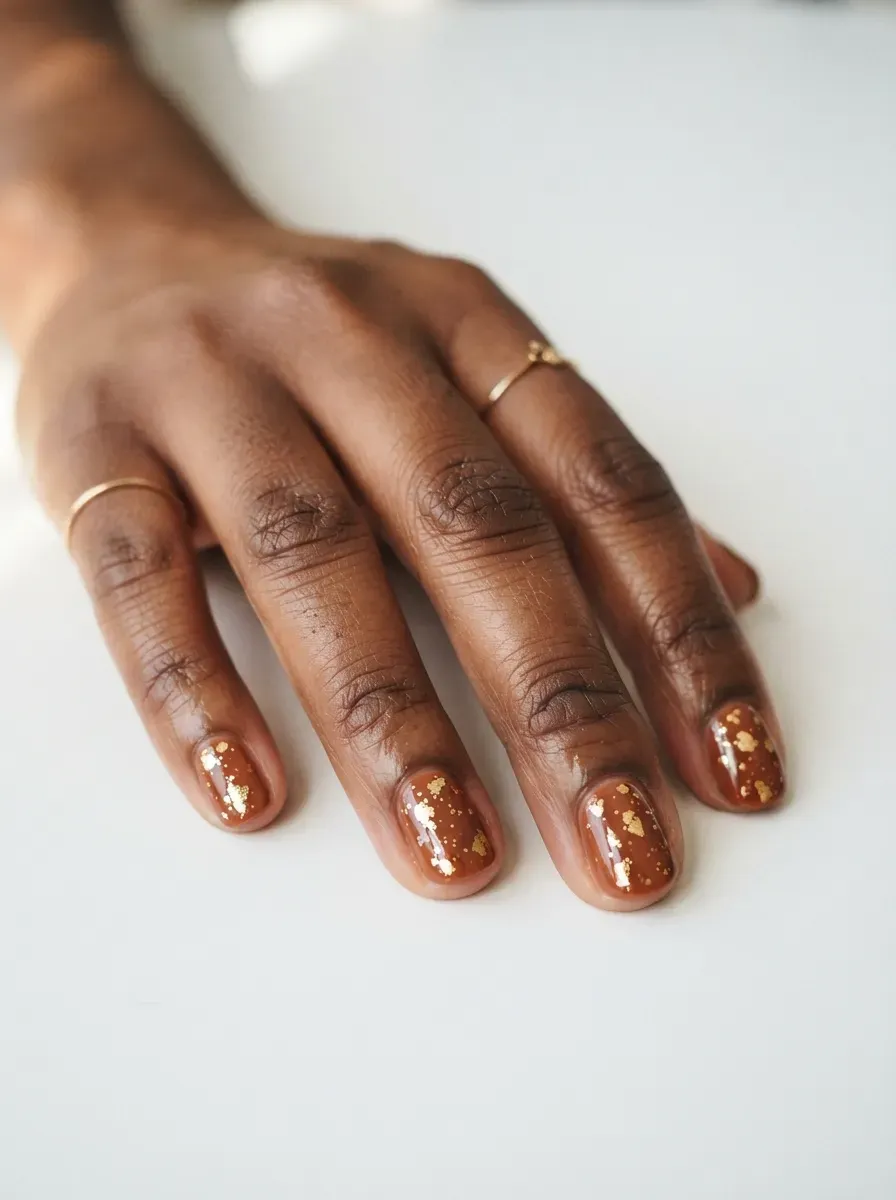 Warm brown gel nails with scattered gold foil fleck detail