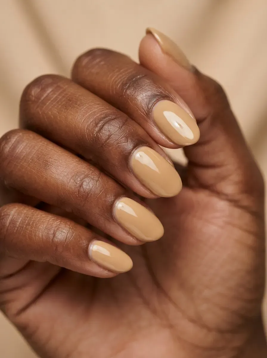 Warm wheat beige gel nail polish close-up