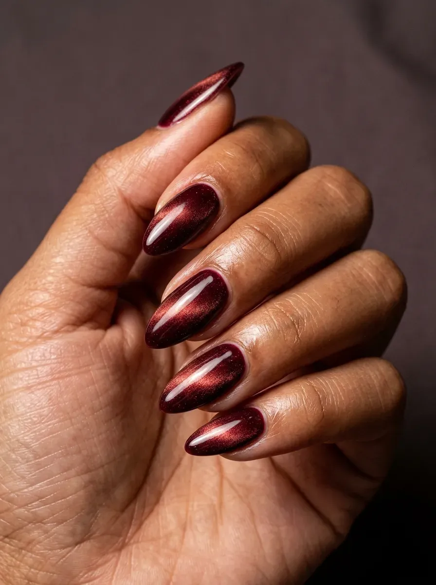 Wine red velvet nails with soft magnetic shimmer on brown skin