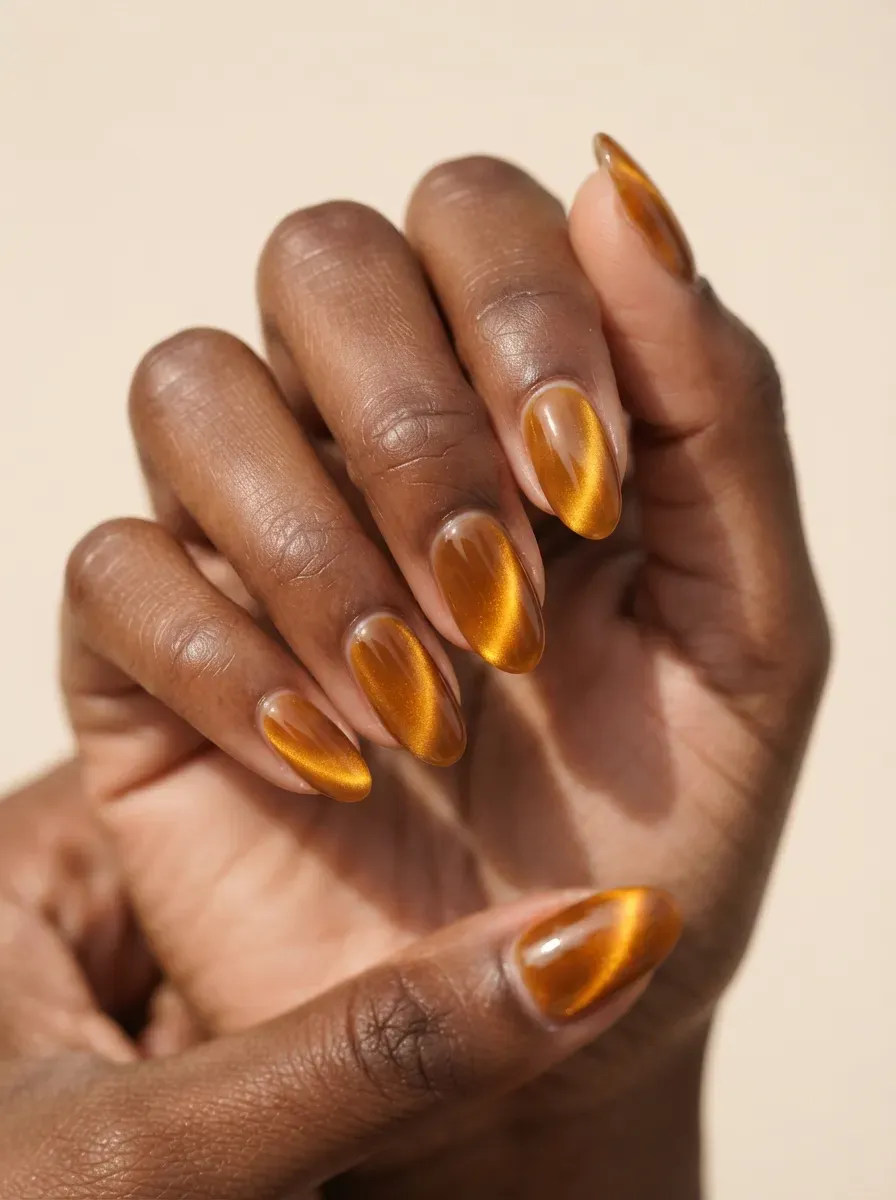 Amber nails with honey gold magnetic cat-eye reflections