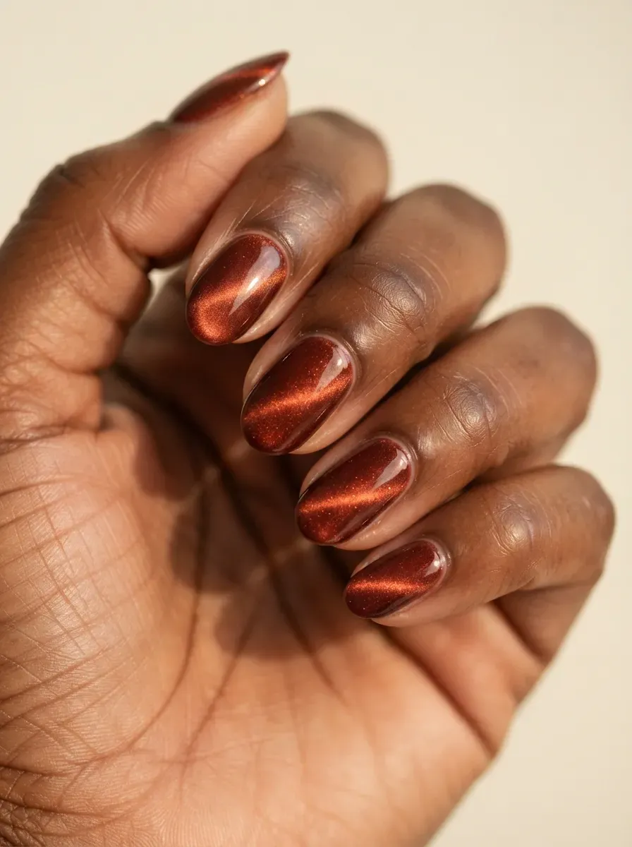 Auburn red-brown nails with glowing copper magnetic shimmer