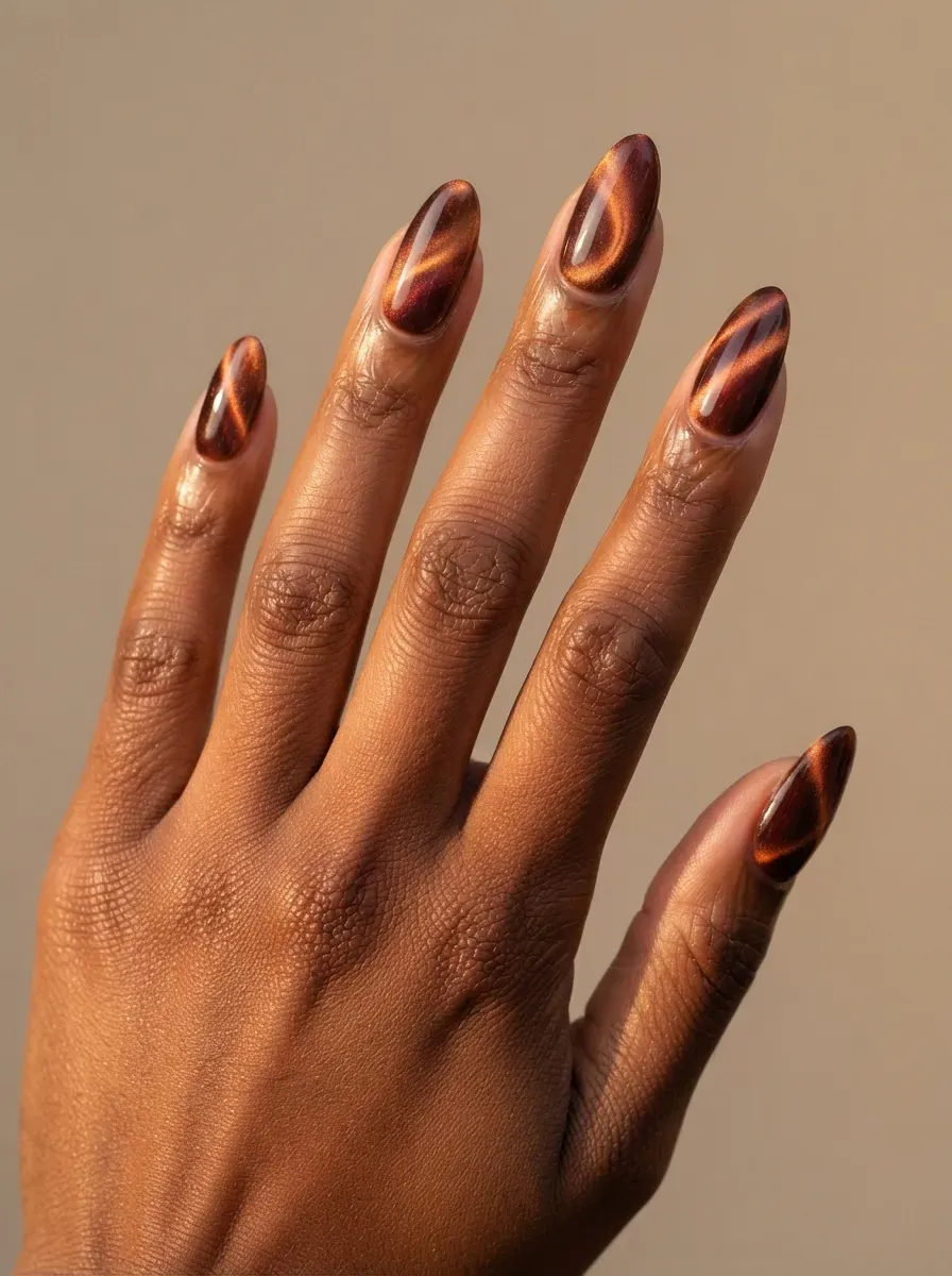 Multitone autumn cat-eye nails with copper gold and burgundy reflections