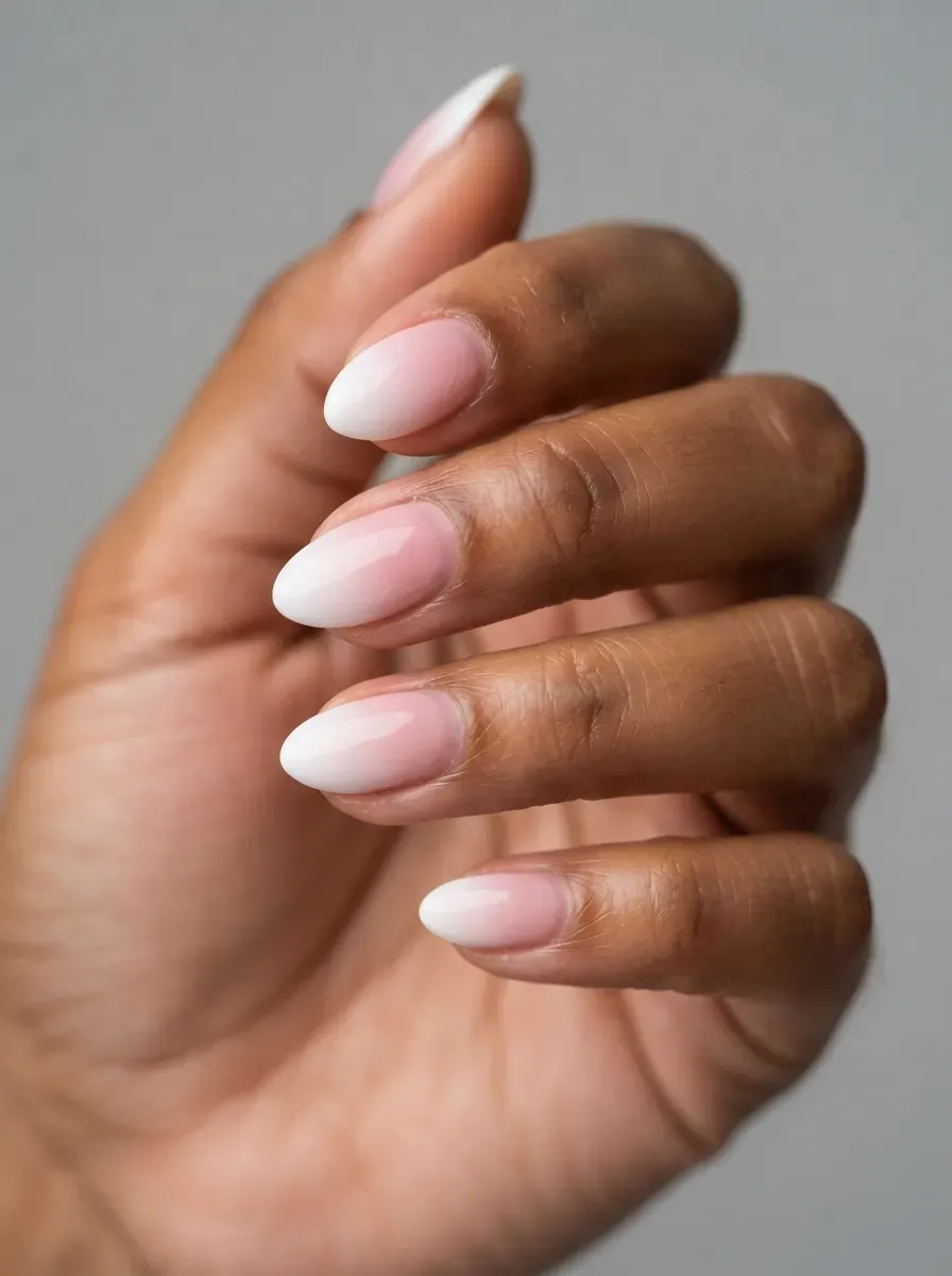 Close-up of short almond nails with baby boomer pink white gradient on warm brown skin