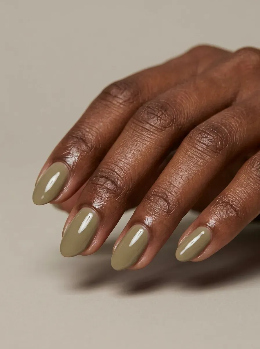 Long almond nails with beige French tips outlined by thin mocha brown lines