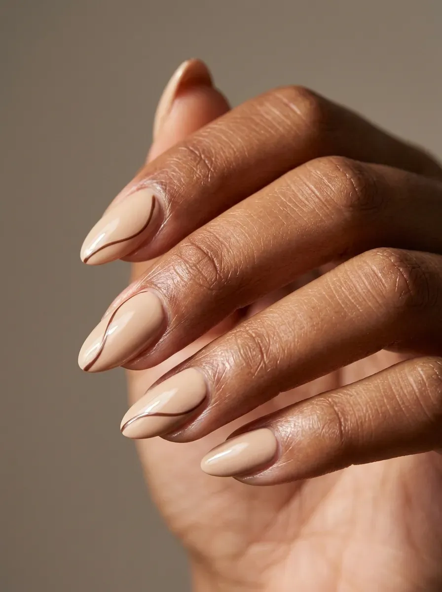 Medium almond nails with soft beige polish and delicate brown side lines