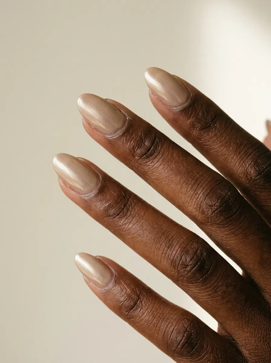 Almond nails with beige polish and delicate muted gold chrome finish