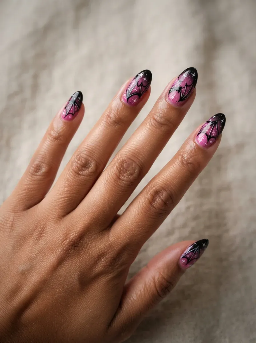 Close-up of bubblegum pink nails with black bat wing art
