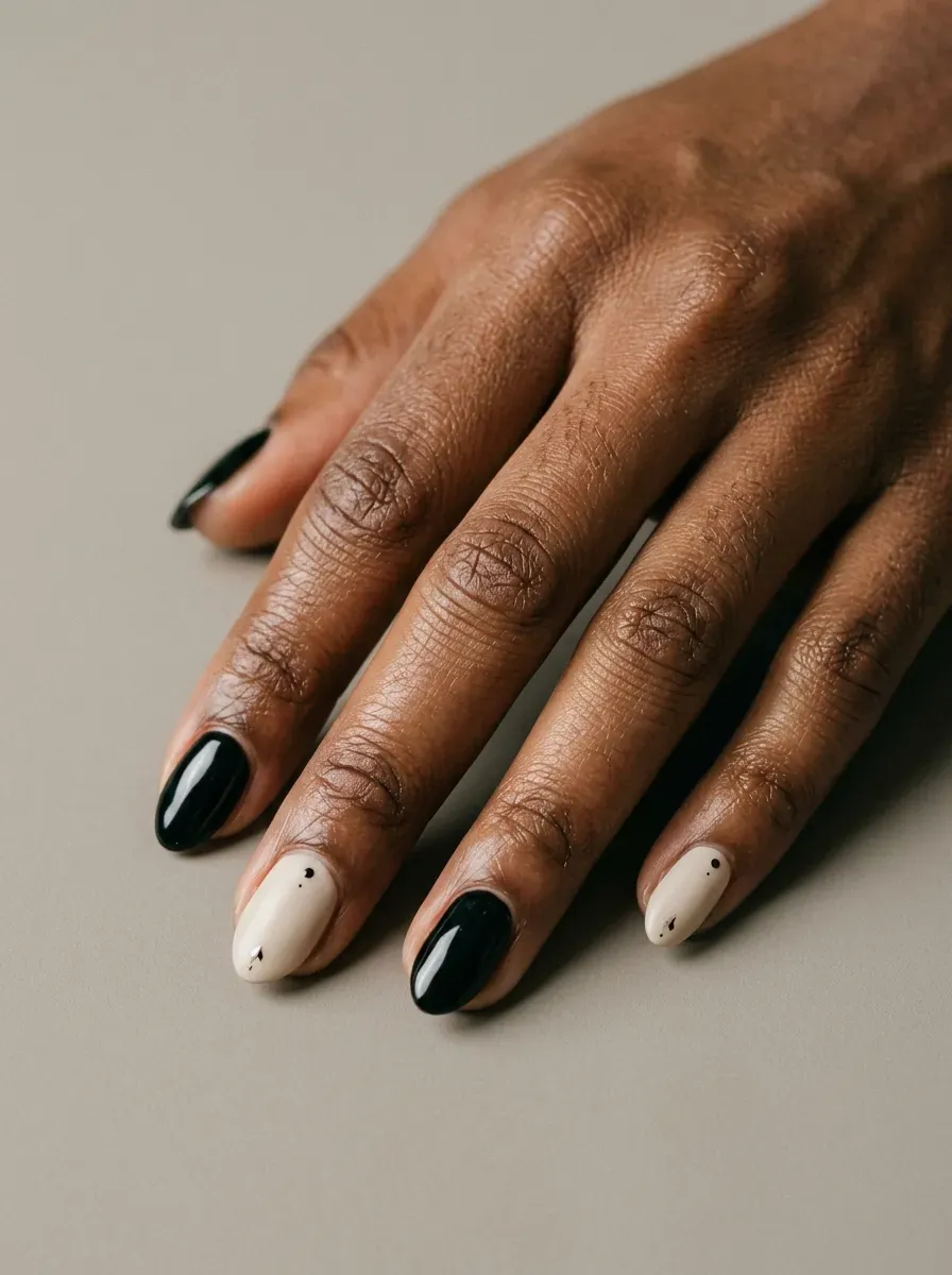 Black and bone cream nails with minimalist gothic graphic accents
