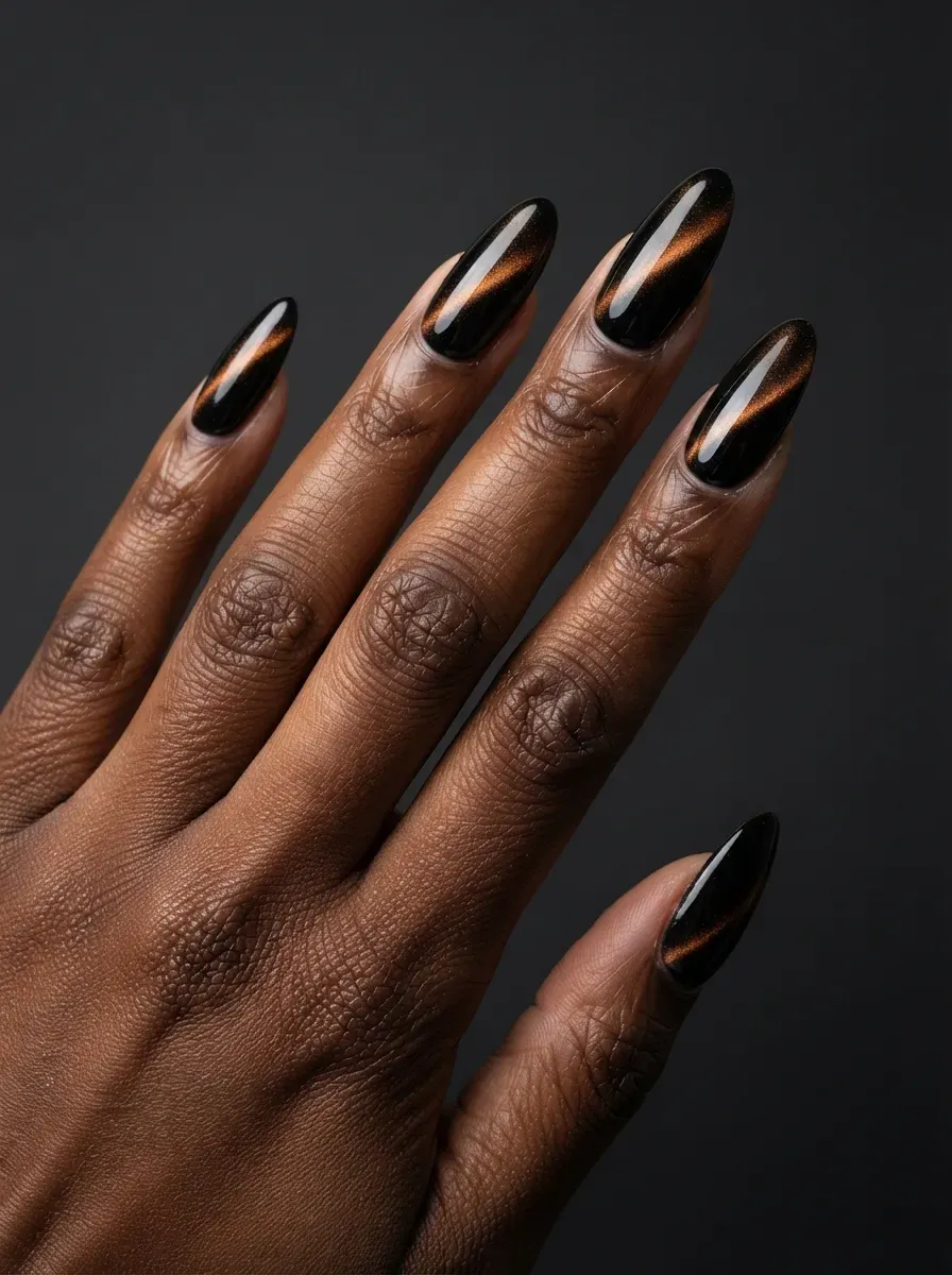 Black nails with dramatic bronze magnetic cat-eye flashes