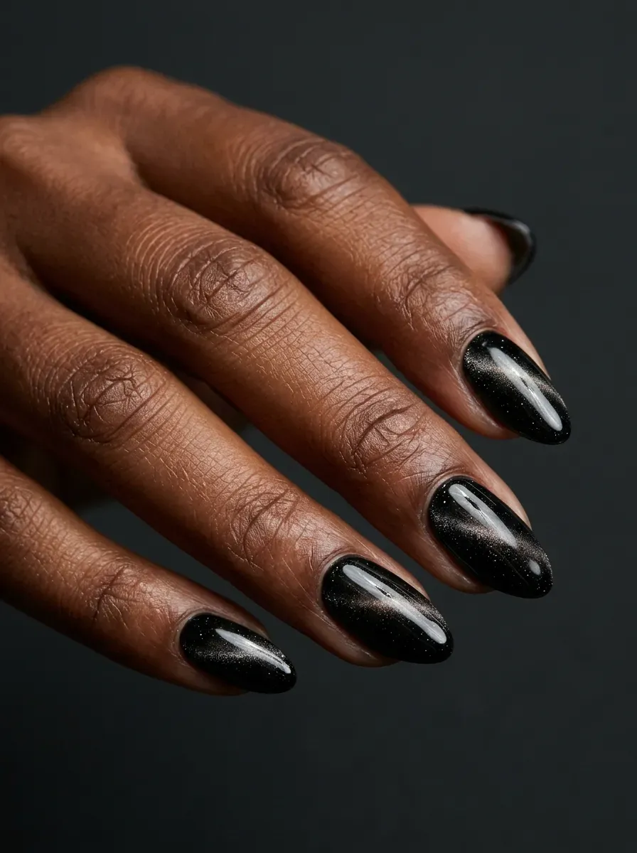 Black magnetic cat-eye nails with subtle reflective streaks on brown skin