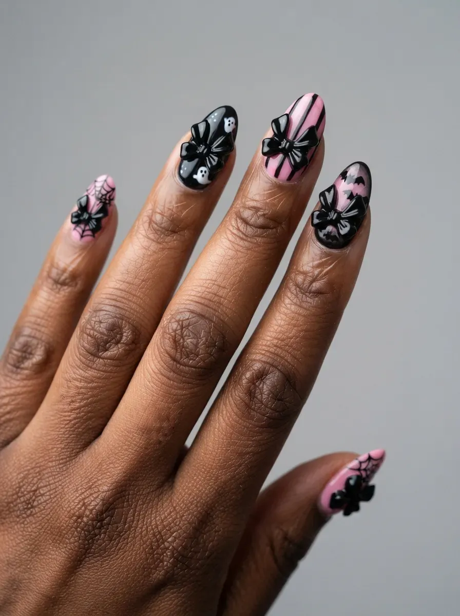 Close-up of black coffin nails with pink 3D bow charms