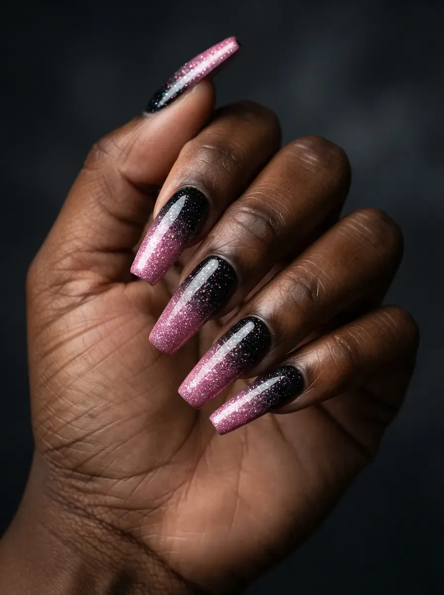 Close-up of black coffin nails fading into pink glitter ombre