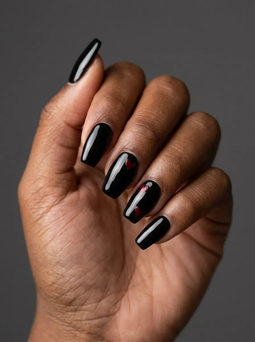 Glossy black coffin nails with tiny deep red heart accents