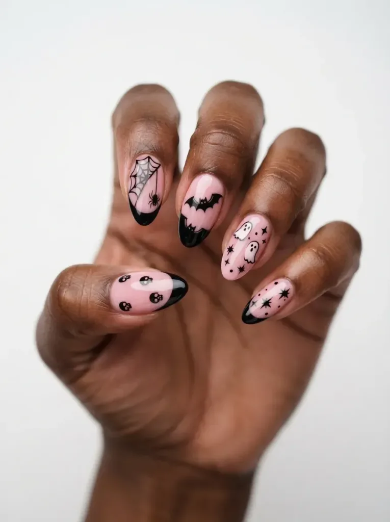 Close-up of sheer pink almond nails with black french tips