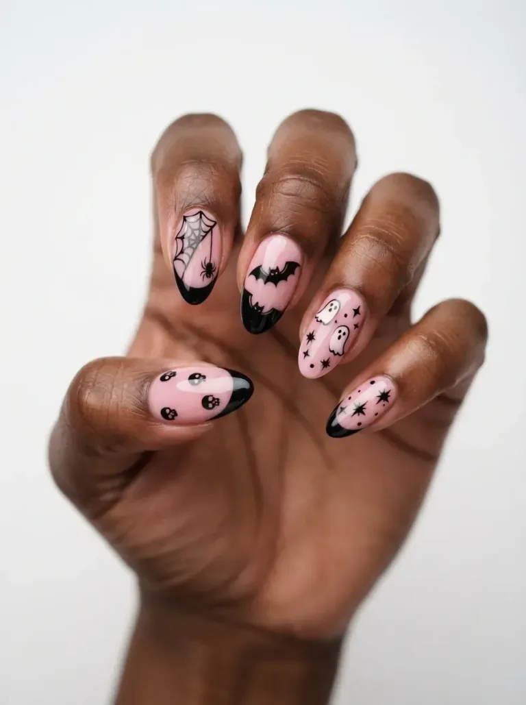 Close-up of sheer pink almond nails with black french tips
