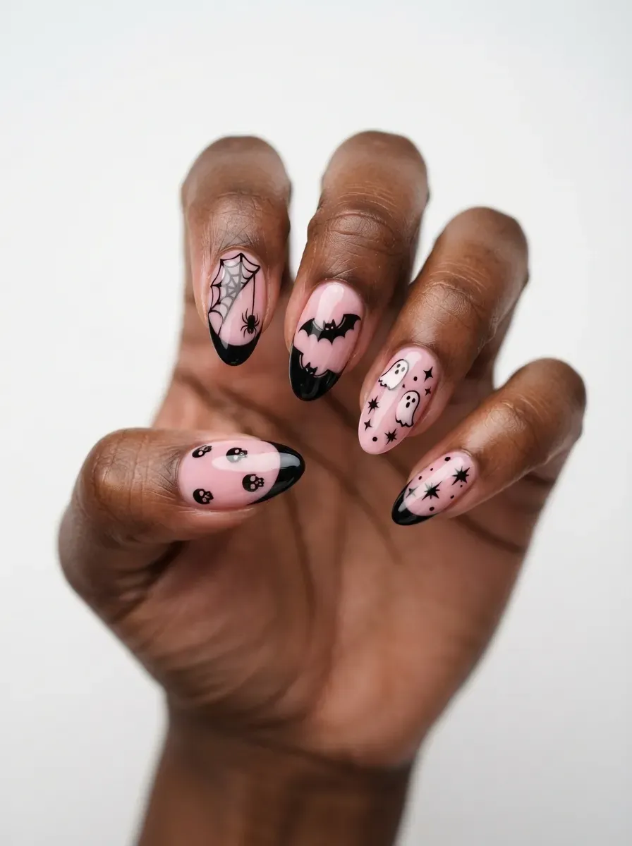 Close-up of sheer pink almond nails with black french tips