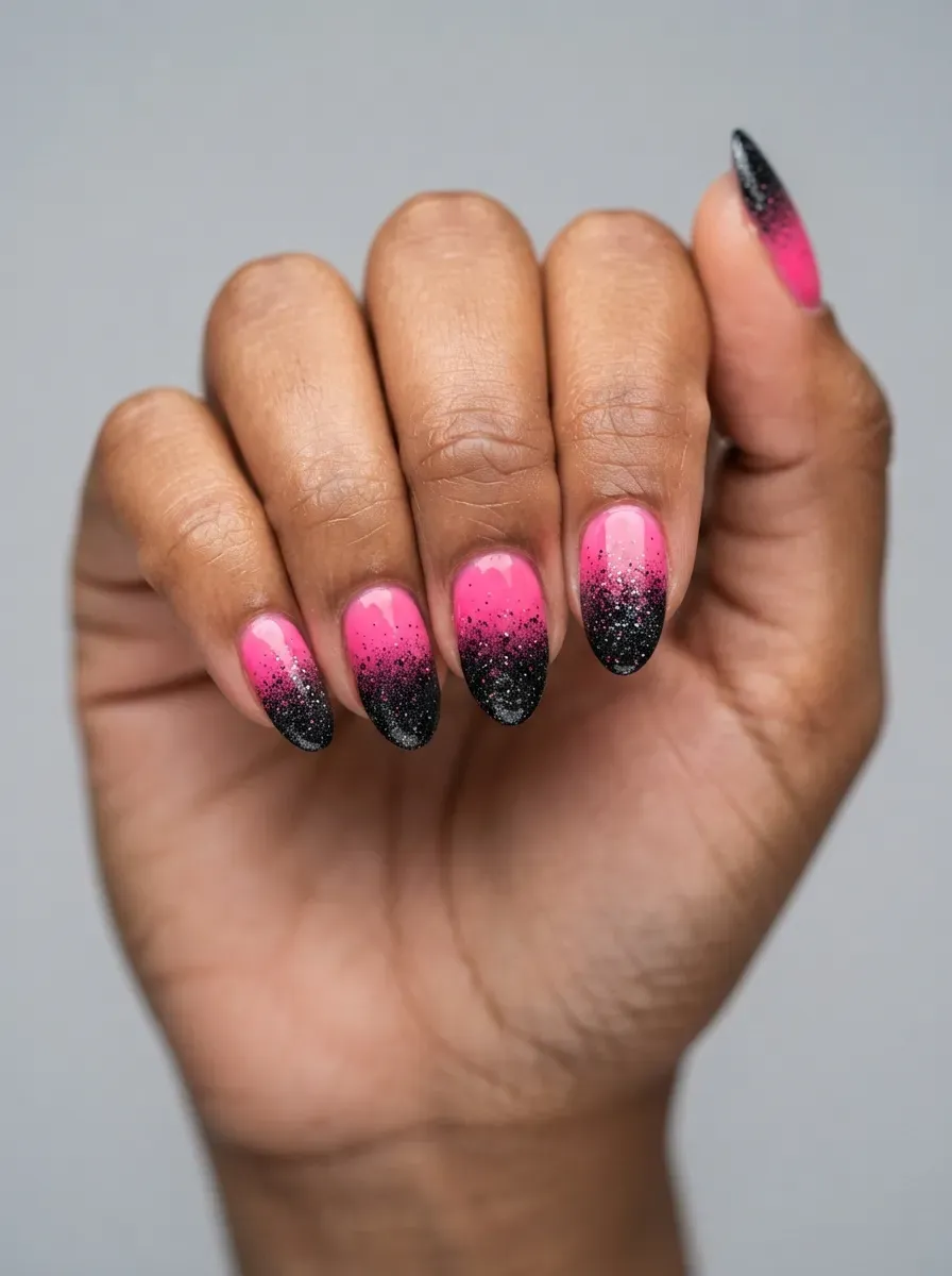 Close-up of nails with black glitter fading to hot pink tips
