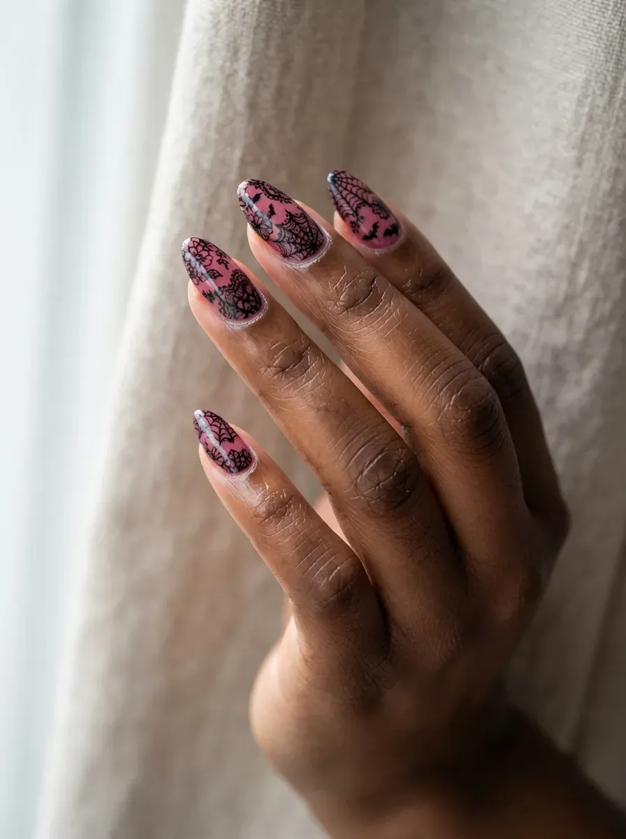 Close-up of dusty pink nails with delicate black lace patterns