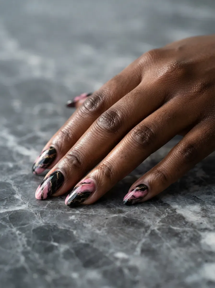 Close-up of black marble nails with pink veined detailing