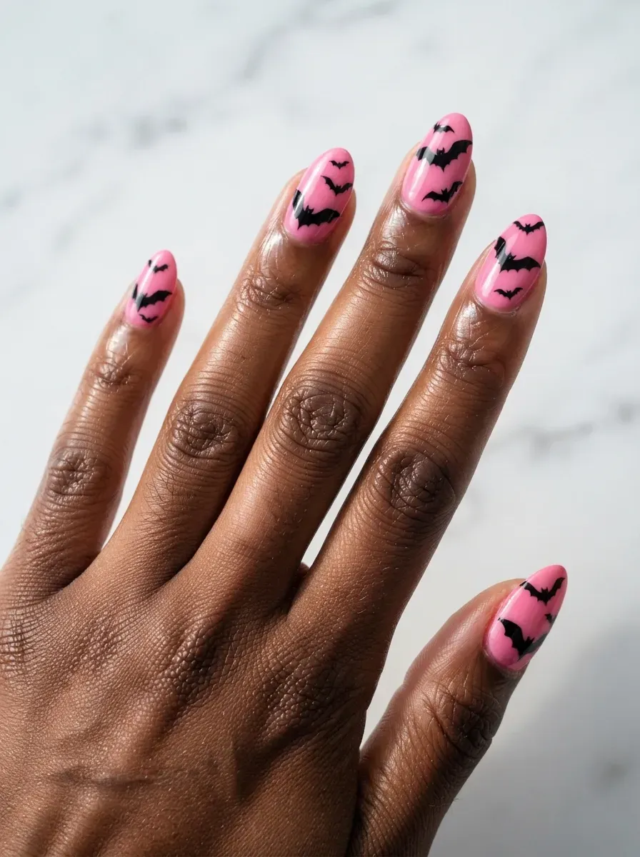 Close-up of nails with black half-moon design on pink base