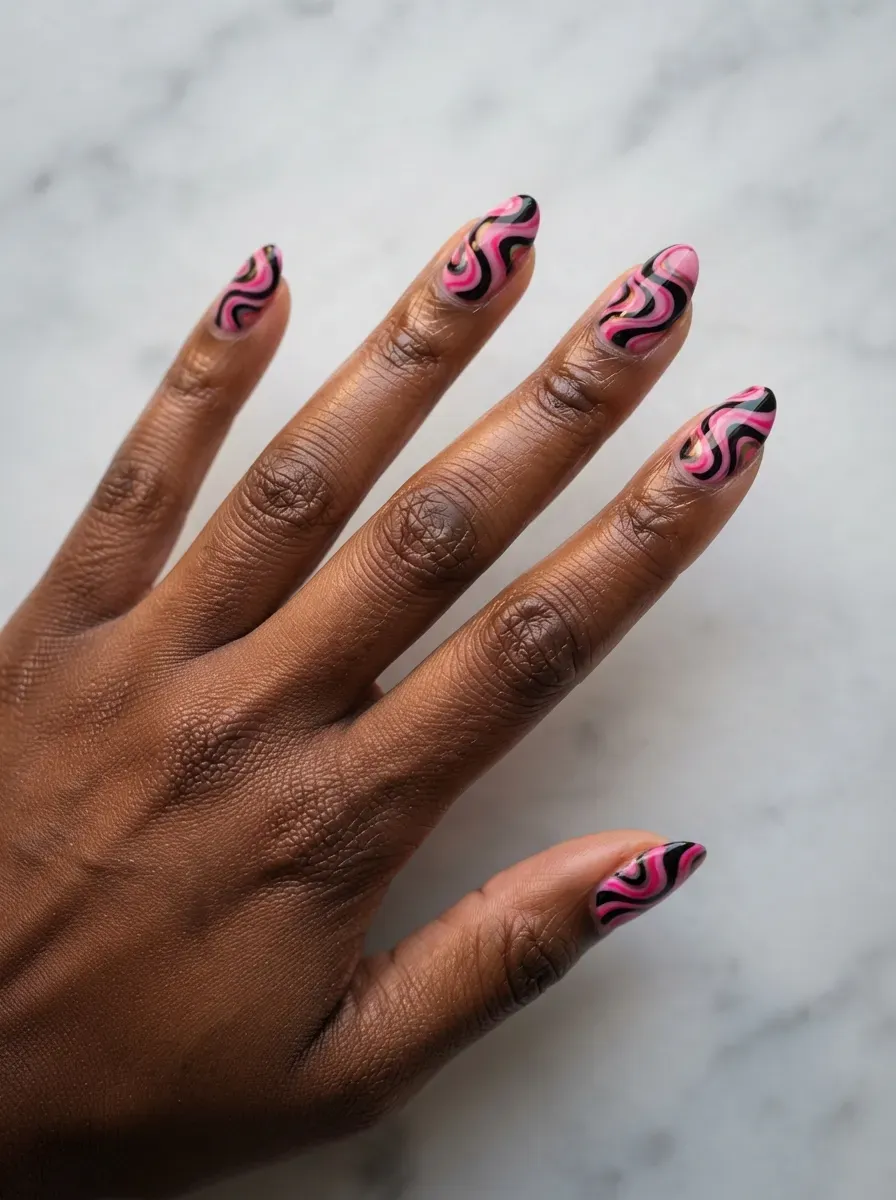 Close-up of nails with black and pink swirled marble art