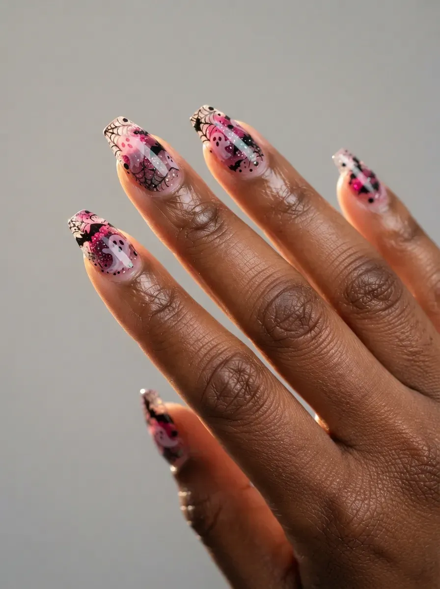 Close-up of nails with black and pink tortoise shell pattern