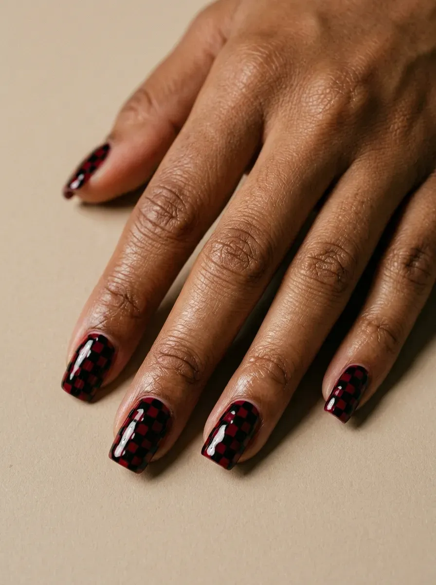 Black and deep red checkerboard nails with glossy Halloween finish