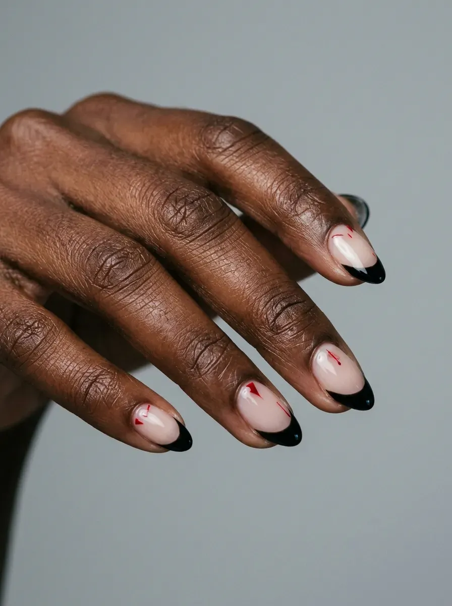 Black French tip nails with sharp graphic accents on deep brown skin