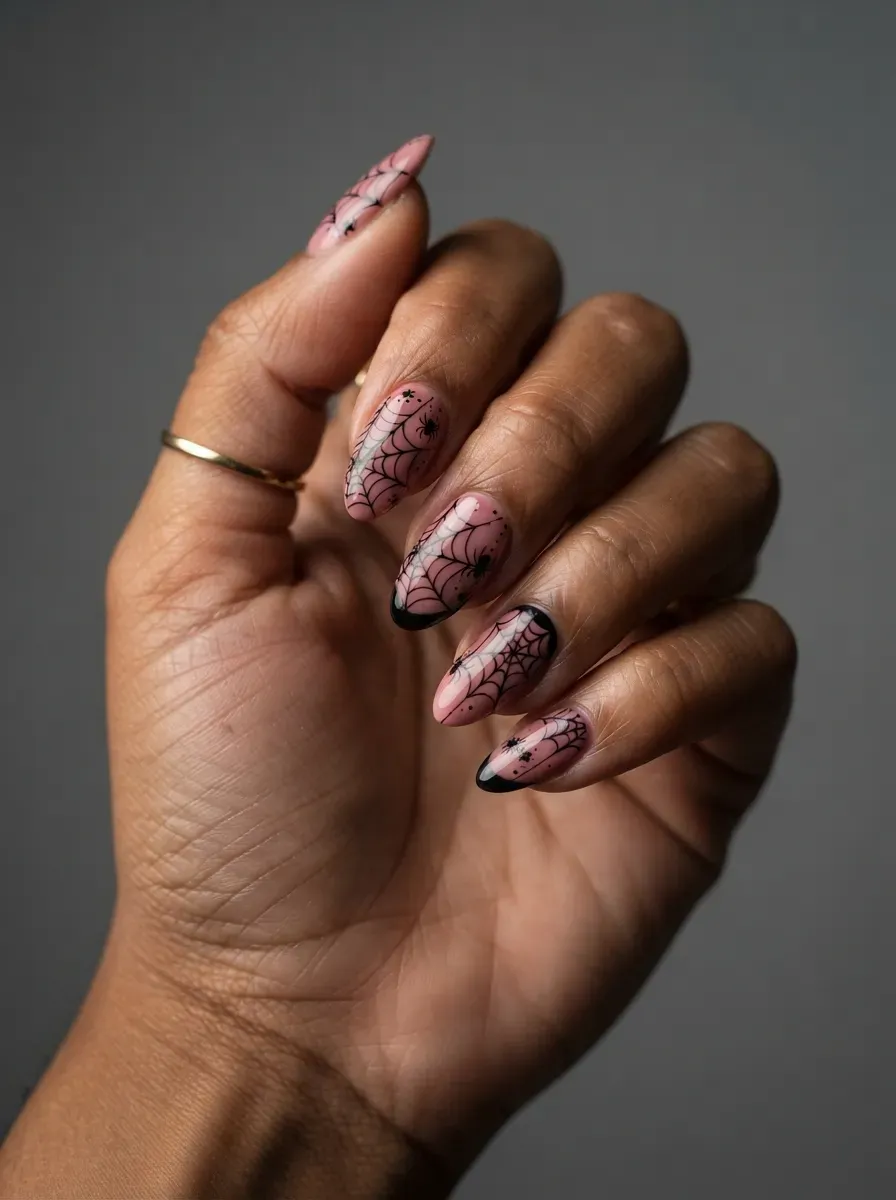 Close-up of almond nails with sheer pink base and black spiderweb art