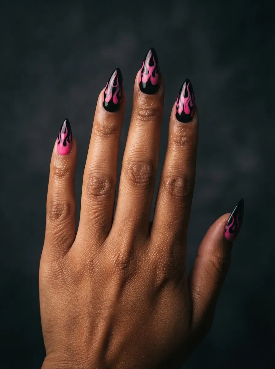 Close-up of black stiletto nails with pink flame tip designs