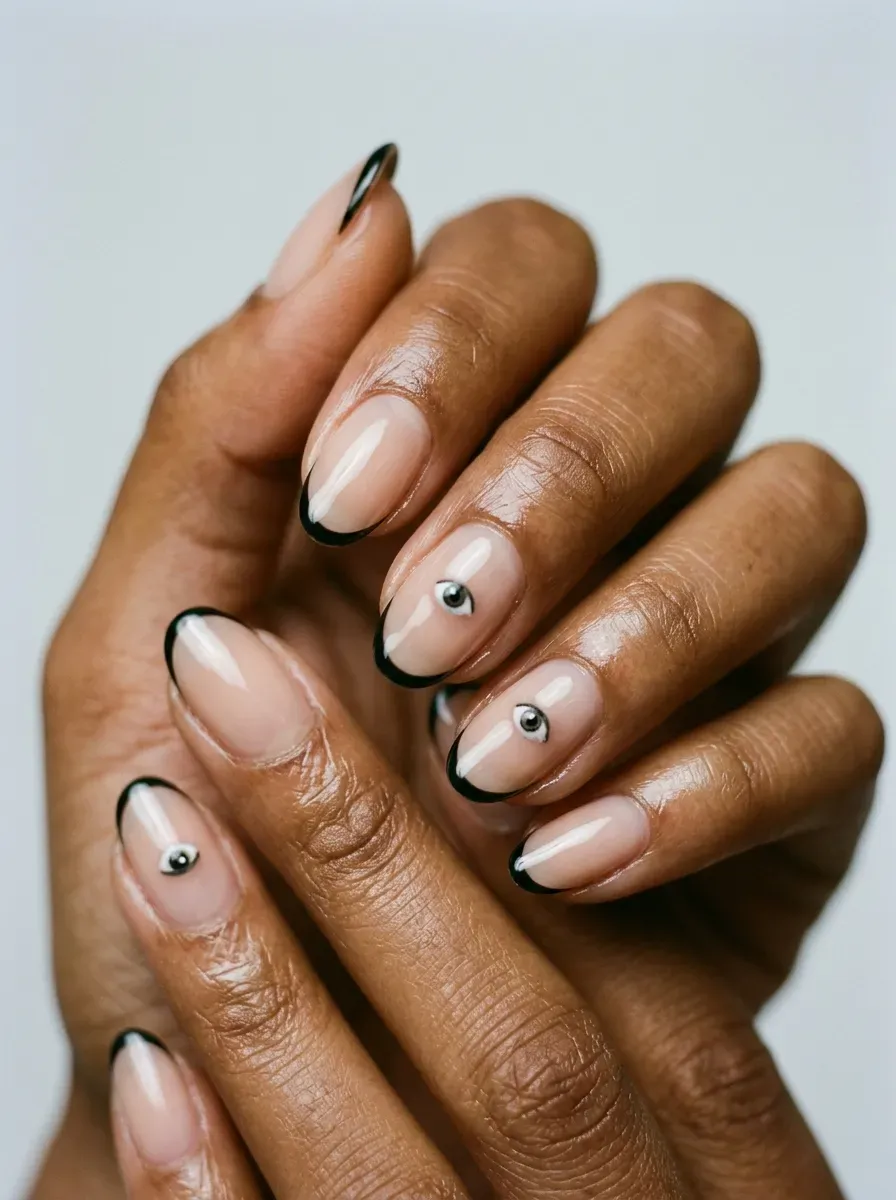 Black and white graphic nails with sharp minimalist horror-inspired lines