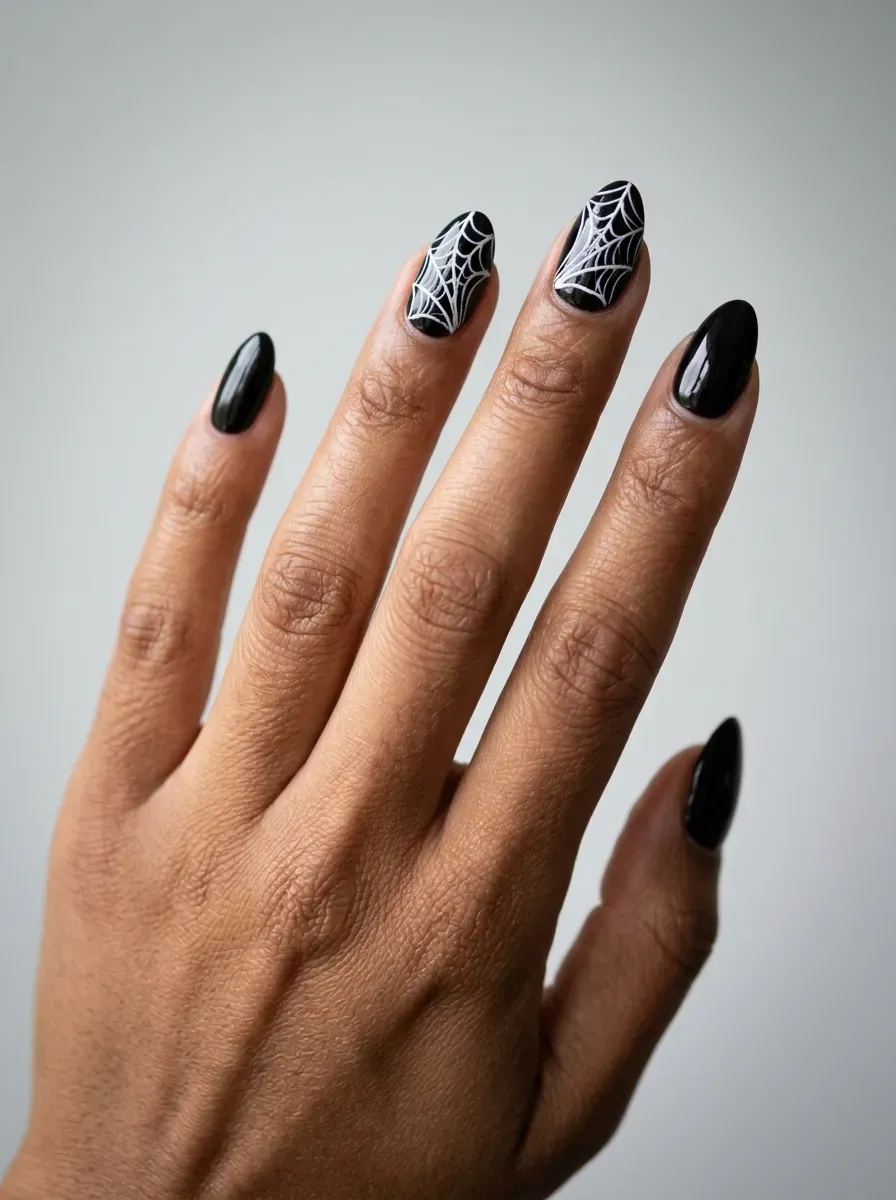 Glossy black nails with delicate white spiderweb accent details