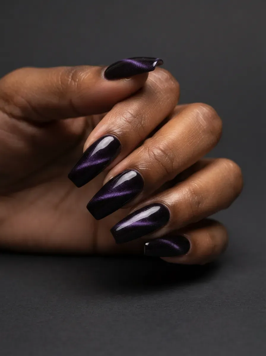 Blackened plum nails with subtle purple magnetic cat-eye highlights