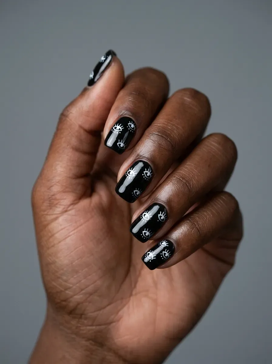 Glossy red drip nail art over black polish on warm brown skin