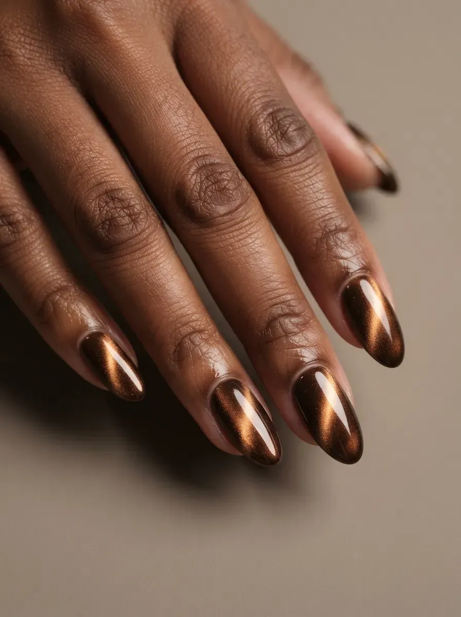 Medium almond nails combining bronze chrome with magnetic cat-eye shimmer