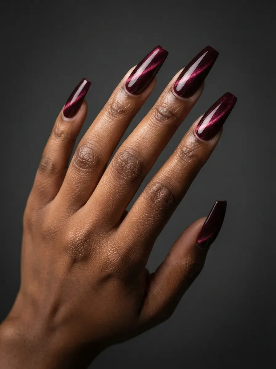 Long coffin nails with deep burgundy magnetic cat-eye shimmer